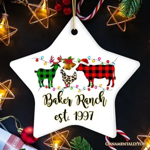 Personalized Farm Animal Buffalo Plaid Leopard Merry Christmas Ornament, Farmhouse Gift