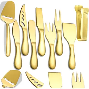 Premium Stainless Steel Gold Cheese Tool Set 12 Piece Cheese Knife & Cheese Markers Gifts Set Cut Butter Spreader Slicer Mini Serving Tongs for Birthday Wedding Christmas All Your Favorite Cheeses