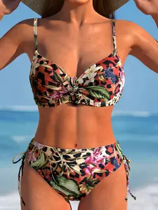 Women's Bikini Two-Piece Set, V-Neck Cross Knot Top, Low Waist Drawstring Swimwear, Tropical Floral Print, Bohemian Style, Beach Vacation
