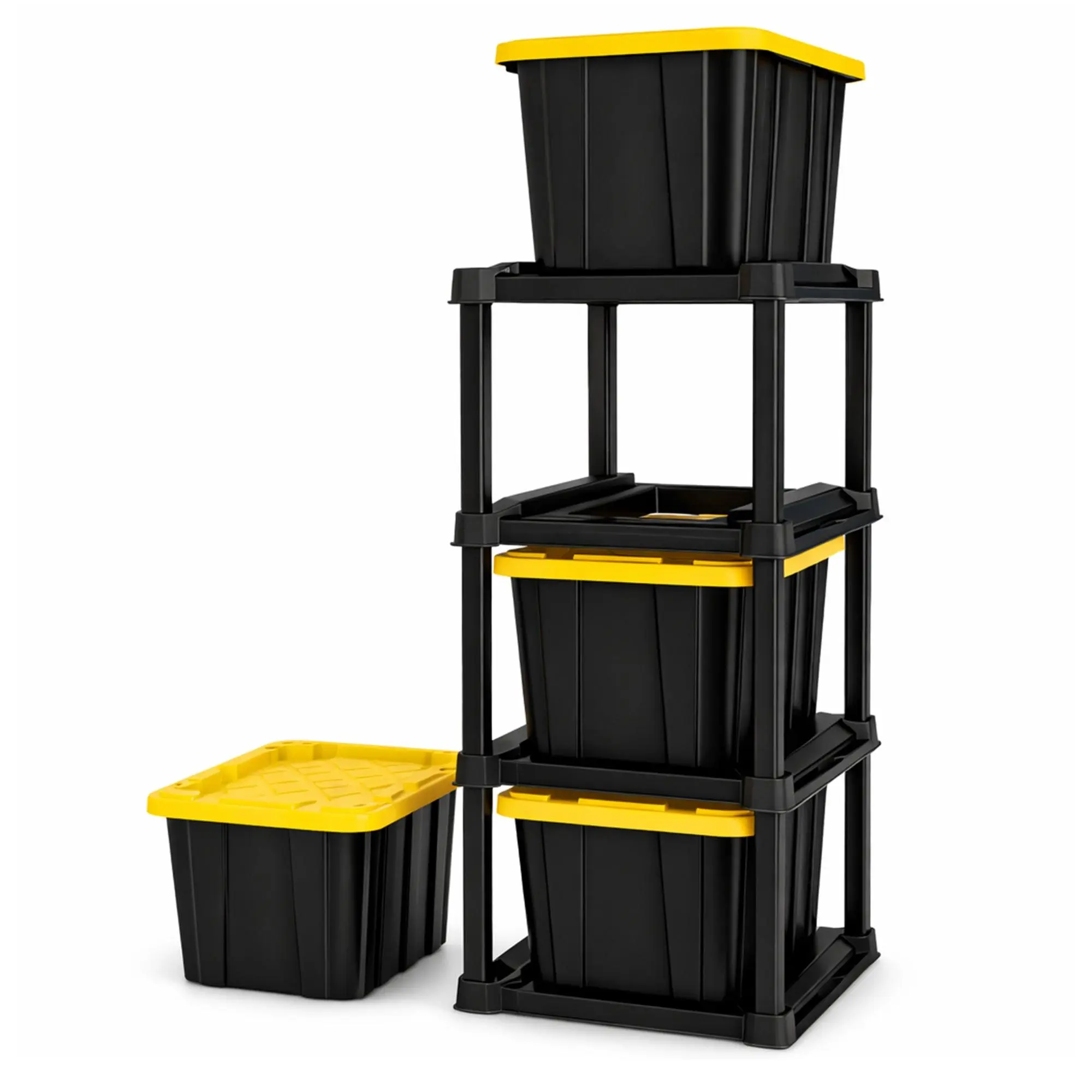 Sterilite 4 Tier Tote Rack Organizer with 4 Pack 27 Gal Industrial Storage Totes