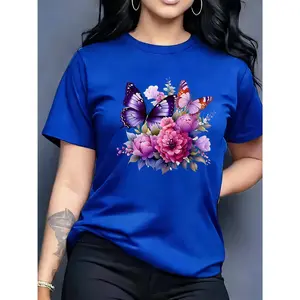 100% Cotton Women's Fashion Casual T-Shirt Purple Floral Colorful Butterfly Pattern Printed T-Shirt, Short Sleeve Casual Round Neck Top, Suitable for Spring and Summer, Casual Daily Style - Elegant Women's Clothing, New T-Shirt, Women's Gift