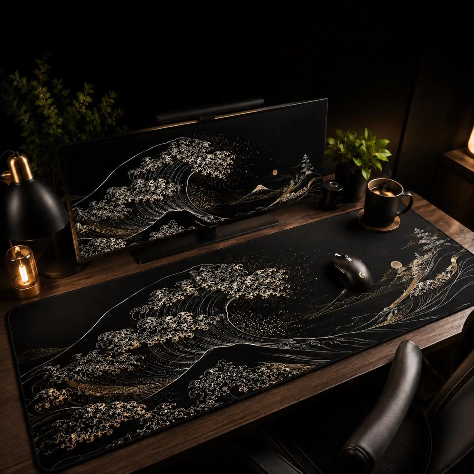 Black Gold Japanese Great Wave Desk Mat, XXL Mount Fuji Mouse Pad, Waterproof Gaming Desk Mat