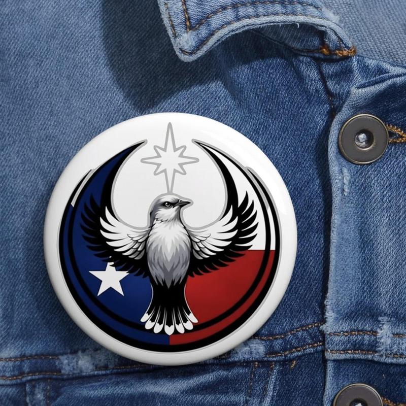 Texas Bird Logo Button Pin – Colorful Star Graphic Badge for Jackets & Bags