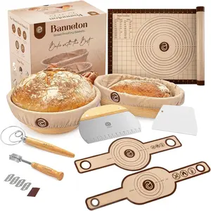 Banneton Bread Proofing Basket Set with Sourdough Bread Baking Supplies, A Complete Sourdough Starter Kit with Bread Lame, Danish Whish, Bowl & Dough Scraper, 2 Bread Slings, and Baking Mat