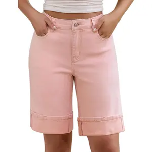 Jean Bermuda Shorts for Women High Waisted Knee Length Cuffed Long Stretchy Denim Shorts Loose Summer Jorts