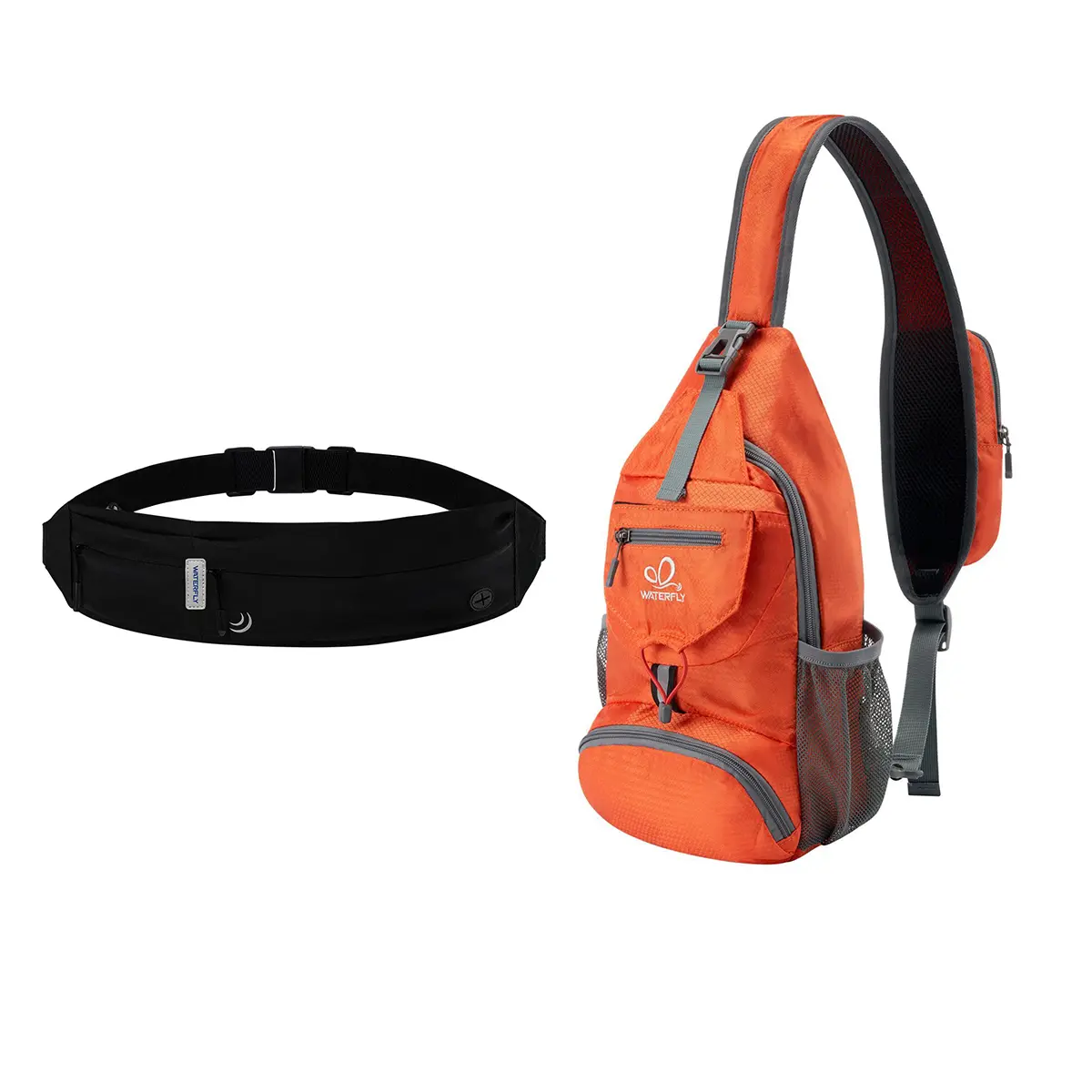 WATERFLY 2-Piece Sports Bag Set, Slim Running Waist Belt & Packable Crossbody Sling Backpack for Men Women, Water-Resistant for Athletes, Travel & Hiking