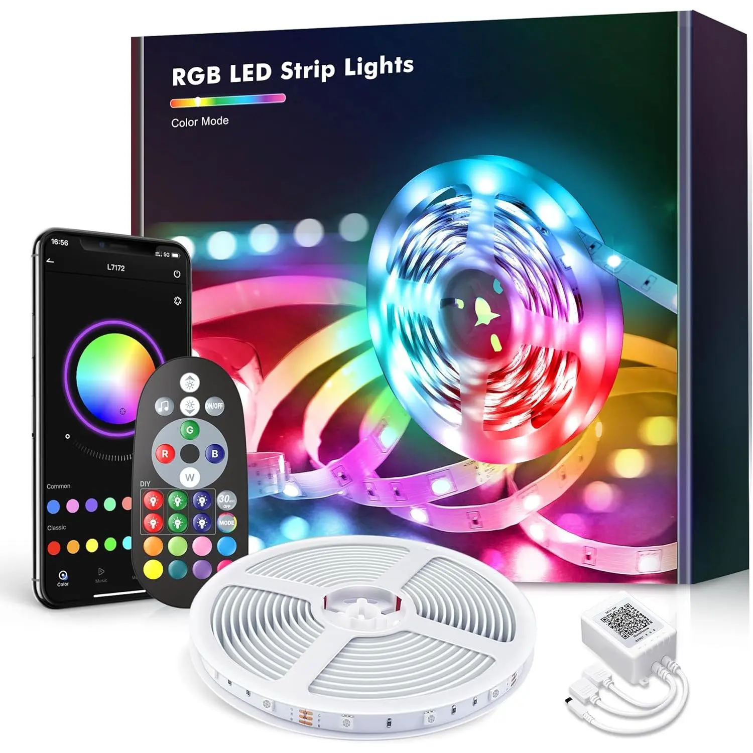 130ft Smart RGB LED Strip Lights - App Controlled, Dimmable, Flexible USB & Mobile Ambient Lighting with Bluetooth, Music Sync, Remote & Mic Control for Room Decoration, App Controlled Led