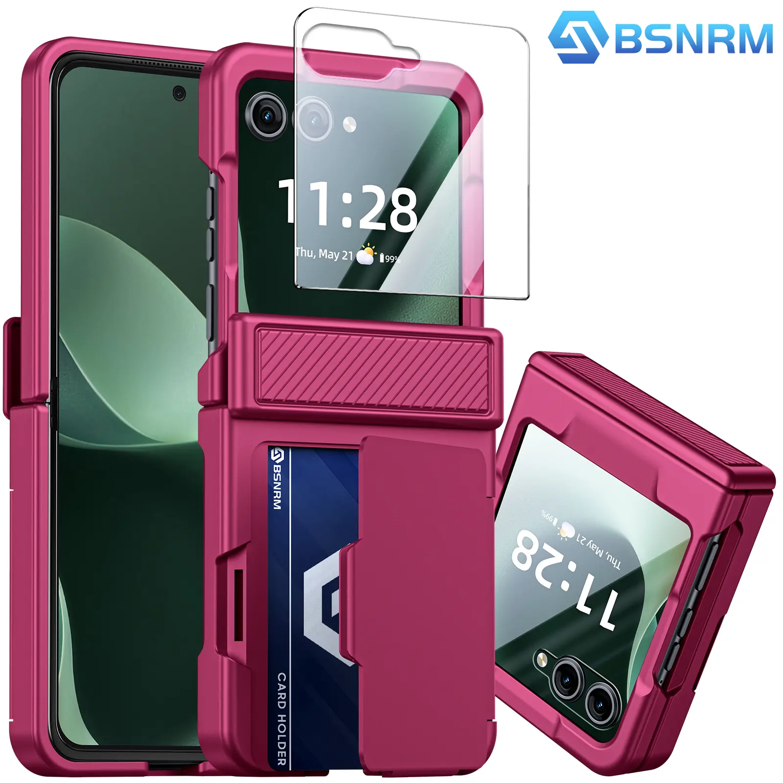 BSNRM for Motorola Razr 2026/2025/2024 Case with Card Holder, RFID Blocking, Hinge Protection, Screen Protector, Shockproof Phone Cover