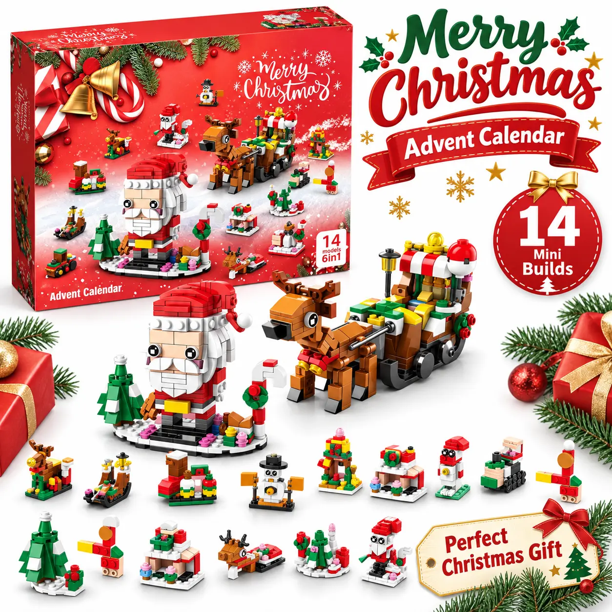 Christmas Advent Calendar Building Block Set, 14 Models 6-in-1 Mini Building Kit, Festive Santa, Nutcracker & Christmas Tree Blocks, Holiday Countdown Gift