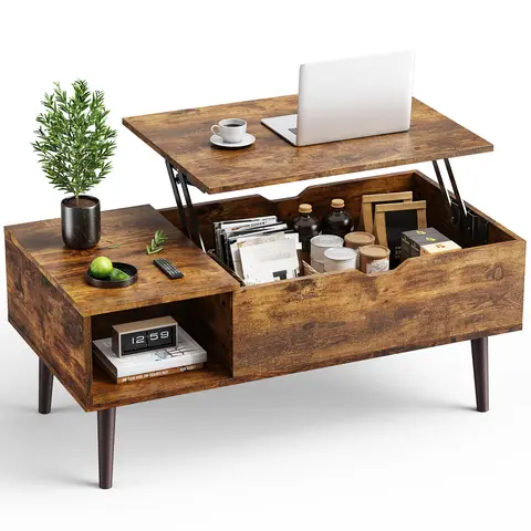 Sweetcrispy Legged Natural Grain Coffee Table - Adjustable Elevated Space Saving Furniture with Lifting Tabletop, Storage Shelf, Hidden Compartment, Compact Design, Finger-Safe Notch for Small Spaces & Office Use