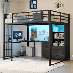 ADORNEVE Full Size Metal Loft Bed with L Desk, 5-Tier Bookshelf, 5 Drawers, LED Lights, Power Outlet, Guardrail and Ladders