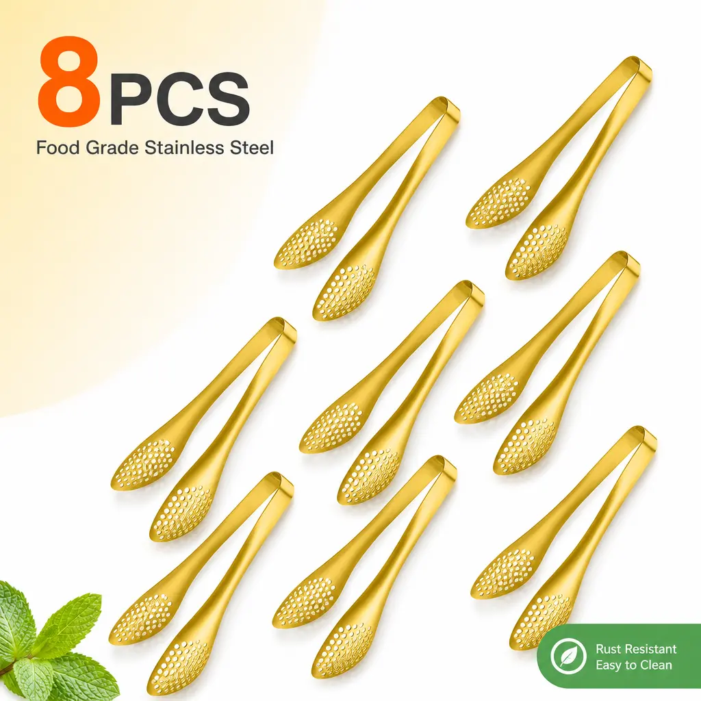 8 PCS Gold Serving Tongs – 9 Inch Stainless Steel Buffet Tongs, Heavy Duty Salad & Appetizer Utensils, Dessert Tongs Set for Parties, Catering, BBQ – 8 Pack Value