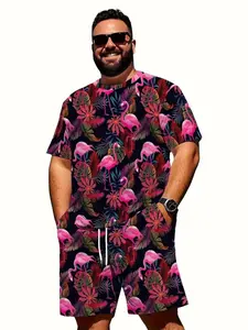 Men's Plus Size Summer Casual Set with Vibrant Flamingo and Tropical Print, Lightweight Short Sleeve T-Shirt and Drawstring Shorts for Beach and Outdoor Activities