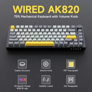 Ajazz Ak820 Wired Gaming Mechanical Keyboard, 75% Layout, Full Hot Swappable Keys, Gasket Structure, Glowing Metal Volume Knob