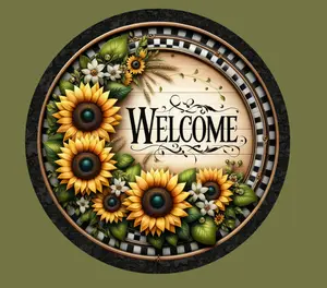 Welcome Sunflowers Round Aluminum Wreath Sign