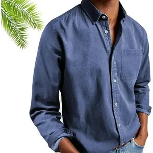 Men's shirt, gentlemen's casual cotton basic shirt, solid linen long sleeve formal button down lapel shirt with pockets