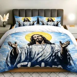 3PCS Duvet Cover Set, 1 Duvet+2 Pillowcases(Without filler), Religious Spiritual Divine Blessing Heavenly theme, Easter bedding set, Holy Comforter Bedroom Decor Living Room Design Guest Room Setup Ideal for decoration Dormitory.