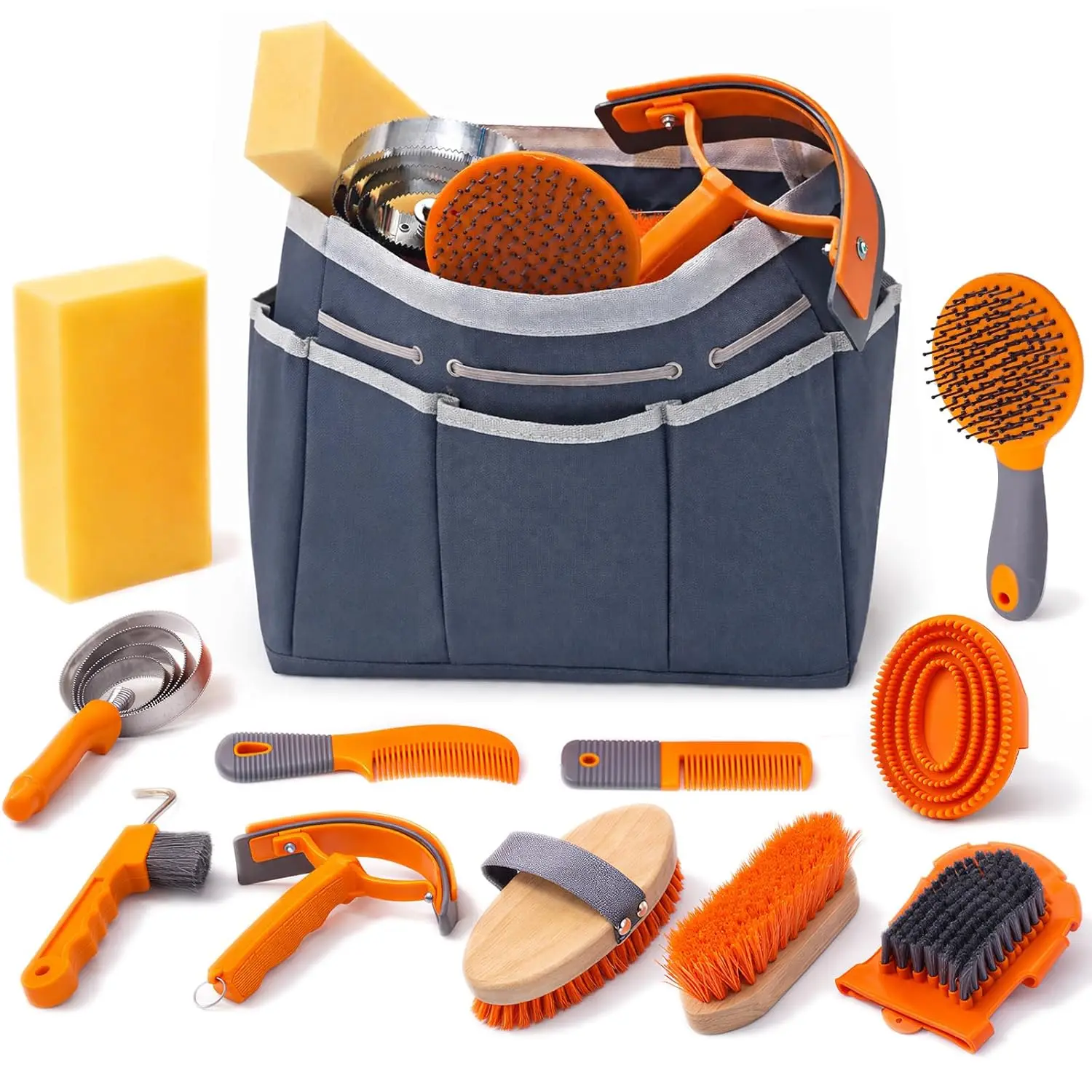 Horse Grooming Kit, Grooming Supplies Includes Horse Brushes and Handbag, Brush Set, Curry Comb, Hoof Pick, Sweat Scraper, Sponge Etc., Suitable Gifts for Riding Enthusiasts Lovers