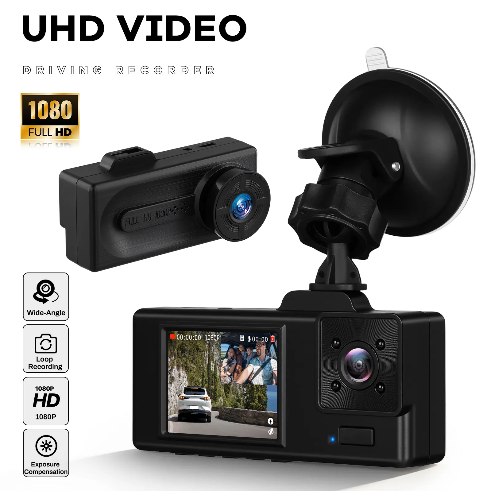 Rimoody Auto DVR Dashcam, 2-Inch Dual Lens Car Camera - 1080P+480P HD Video Recorder, Front & Interior Coverage, Easy Install