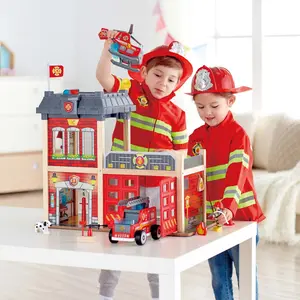 Hape City Fire Station With Accessories, 3 Levels of Fun, Wooden Playset with Fire Engine, Helicopter, Firefighter, and Accessories for Roleplay Scenarios