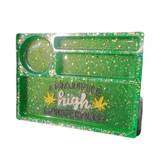 Custom Resin Art Tray - Green Glitter Design with "I'm a Little High Maintenance" Text & Star Motif - Plates