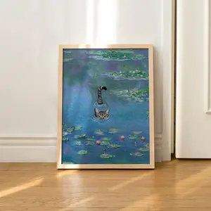 Monet Waterlilies Water Cat Poster, Cat Wall Decor, Cat Lover Poster
