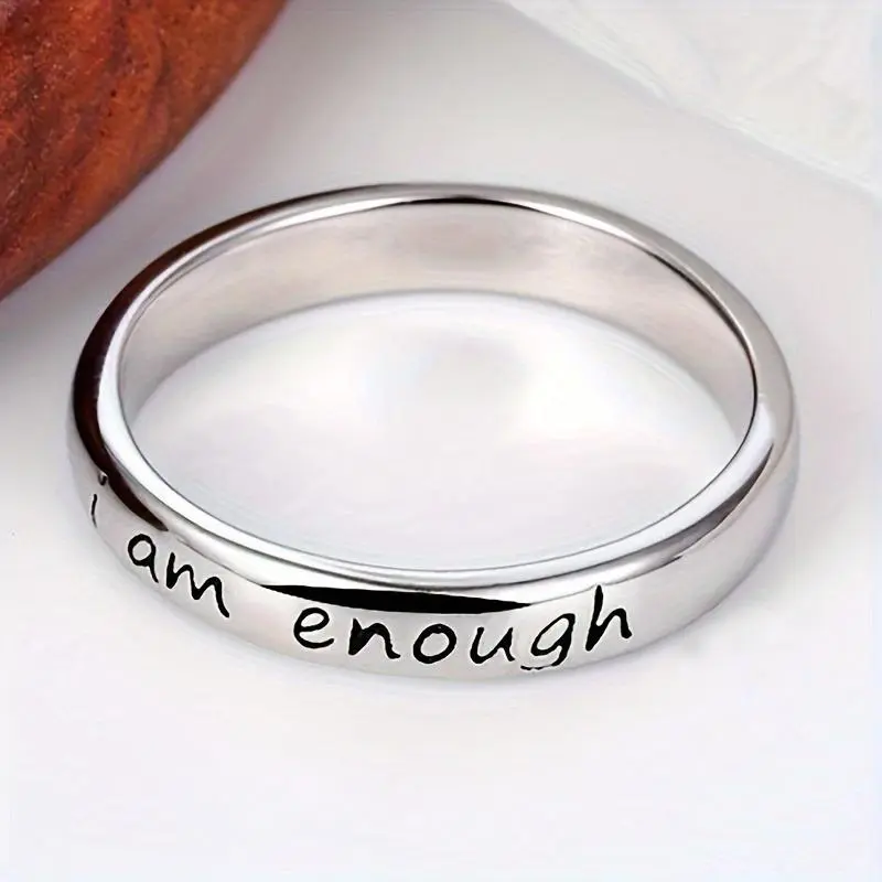 Women's Stainless Steel "I Am Enough" Inspirational Engraved Round Band Ring, Plain Simple Elegant Metal-Coated Fashion Jewelry, Multi-Size Band Rings for Casual Wear