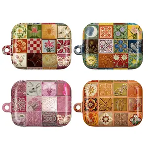Vintage Ceramic Tiles AirPods Case – Retro Mosaic Aesthetic AirPods Cover for AirPods 4 3 2 1 & AirPods Pro 3 2 1, Cute Colorful Tiles, Floral & Celestial Moon & Sun Art, Artsy Coquette Mosaic Protective Case