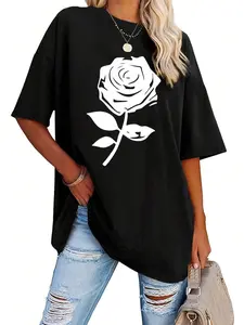 Valentine's Day Special: Women's Casual T-Shirt with White Rose Print - Short Sleeve, Round Neck, Breathable Polyester - Perfect for Spring & Summer