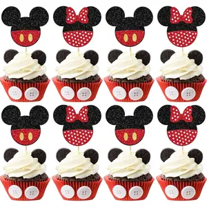 24 Pack Mouse Inspired Cupcake Toppers Glitter Bow Mini Mouse Cupcake Picks Baby Shower Kids Boys Girls Birthday Party Cupcake Decorations Supplies