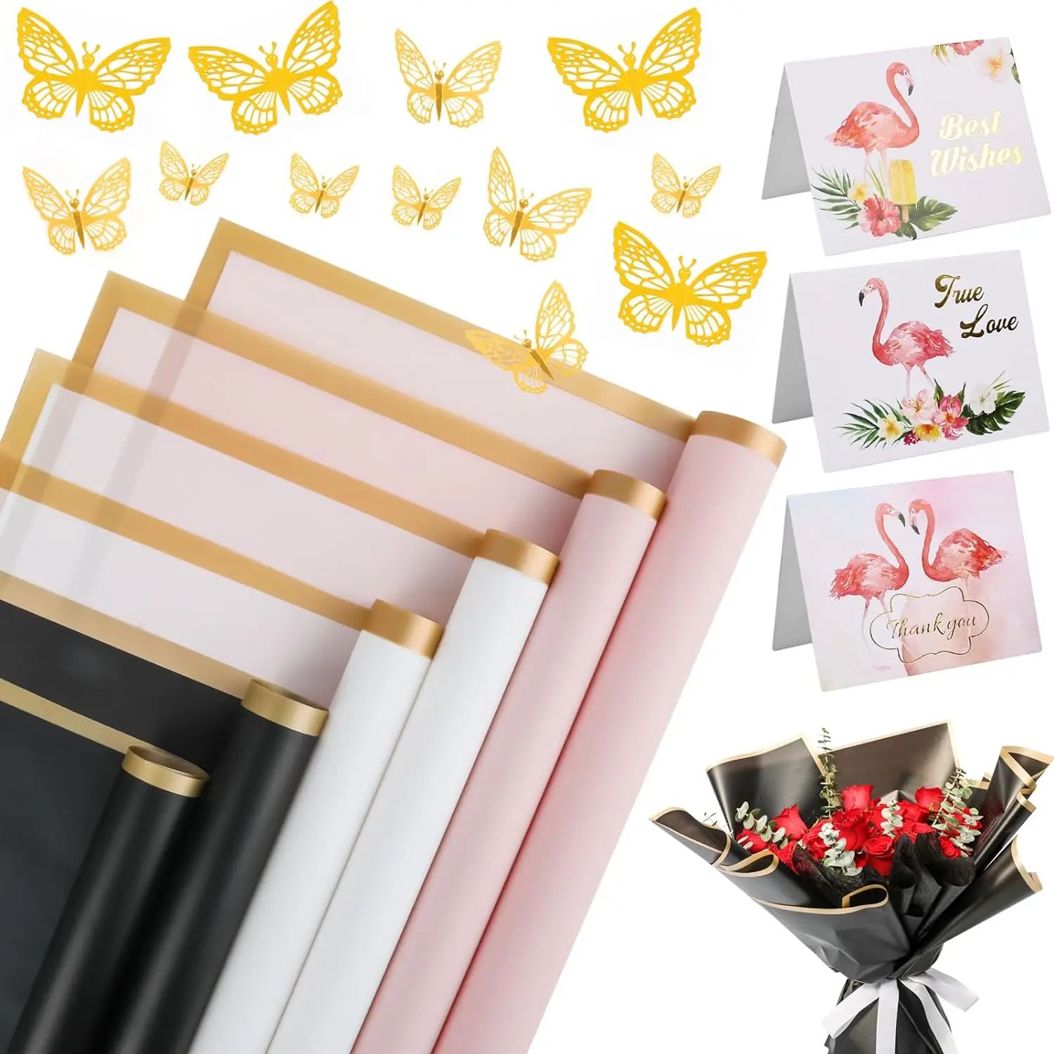 24 Sheets Flower Wrapping Paper - Waterproof Florist Supplies with 3D Gold Butterfly Decor, Suitable for Valentine’s Gift, Birthday Party, Mother’s Day Flower Bouquet, All Seasons (Black+White+Pink)