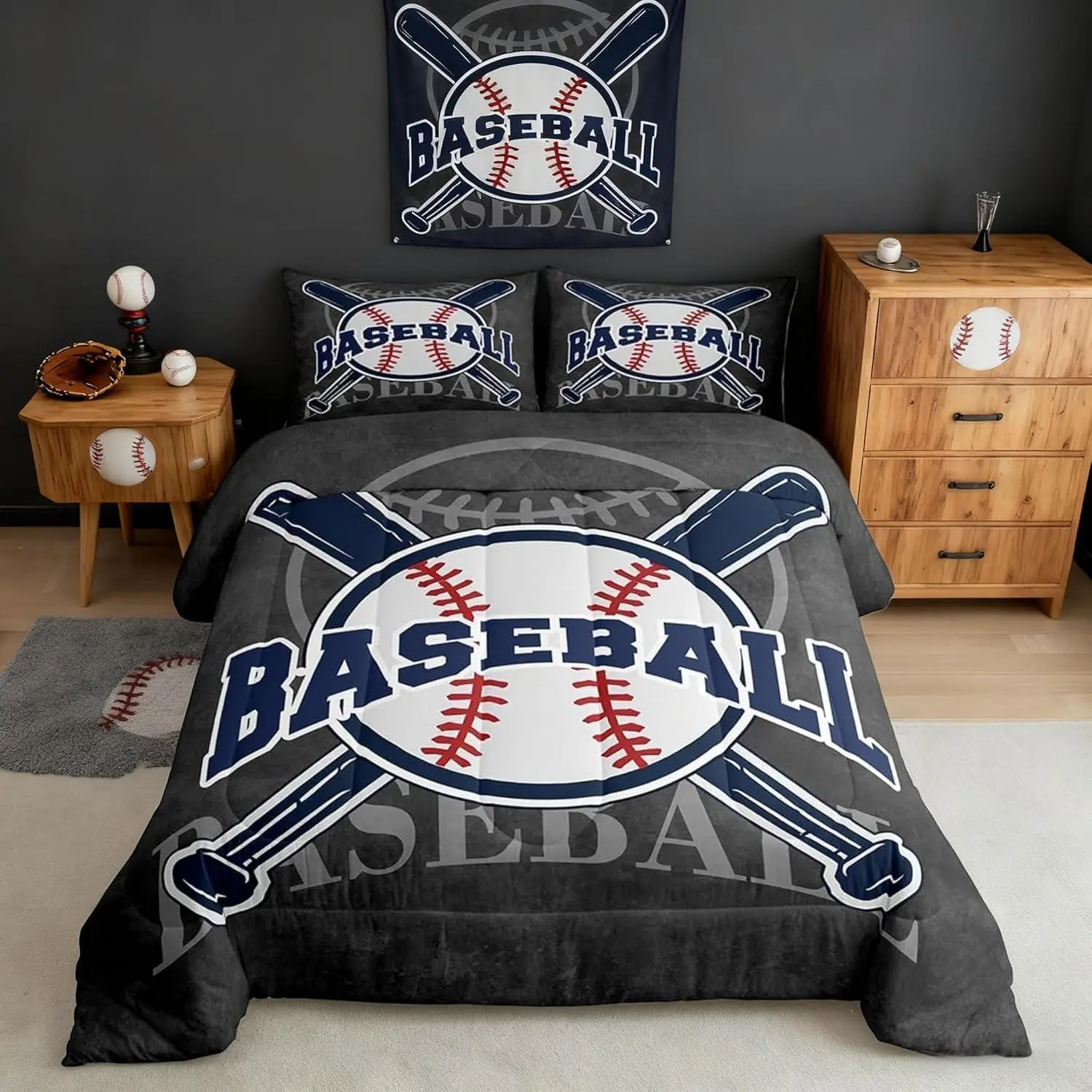 Baseball Comforter Set Sports Baseball Bedding Set Adults Baseball Dark Blue Comforter Cartoon Baseball Quilted Duvet Set Bedroom Collection