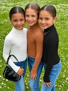 3-piece set of girls' solid color knitted high neck long sleeved pullover, three color combination, suitable for shopping and music festivals, machine washed and dry cleaned, casual and versatile, suitable for autumn and winter wear, girls' clothing