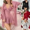 Women's 2-Piece Chic Cute Boudoir Aesthetic Lace Lingerie Set - Deep V-Neck Bodycon Bodysuit, Half-Sleeve Mesh Chemise Robe, Stretchy Breathable Lightweight Soft Fabric Nightwear Loungewear