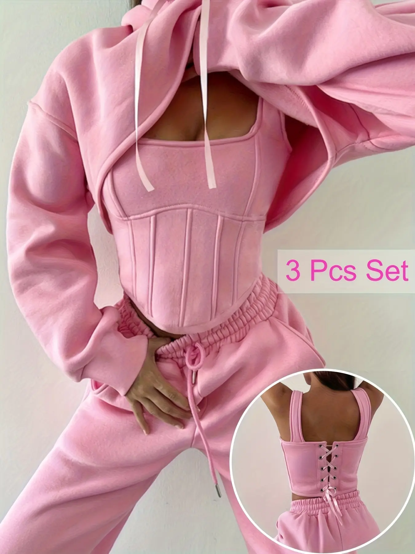 Fashion Casual Women Clothes Adjustable Belted Small Tank Top & Short Hoodie Sweatshirt & Drawstring Waist Pants Set, Fall Winter Fleece Three-Piece