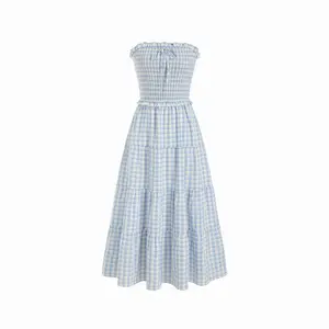 Cider Gingham Strapless Shirred Knotted Ruffle Trim Tiered Maxi Dress