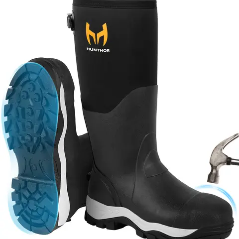 Hunthor Men's Closed Steel Toe Work Safety Boots - Premium Waterproof, 1100N Puncture-Proof, 7mm Neoprene, EVA Cushioning Midsole, Adjustable Back Gusset, All Weather Grip, Breathable, Worker Use, Check Size Chart