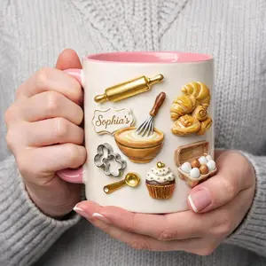 Personalized Baking Mug, Custom Name Baker Coffee Cup, Cute Kitchen Baking Tools Mug, Gift for Bakers, Cozy Handmade Style Mug