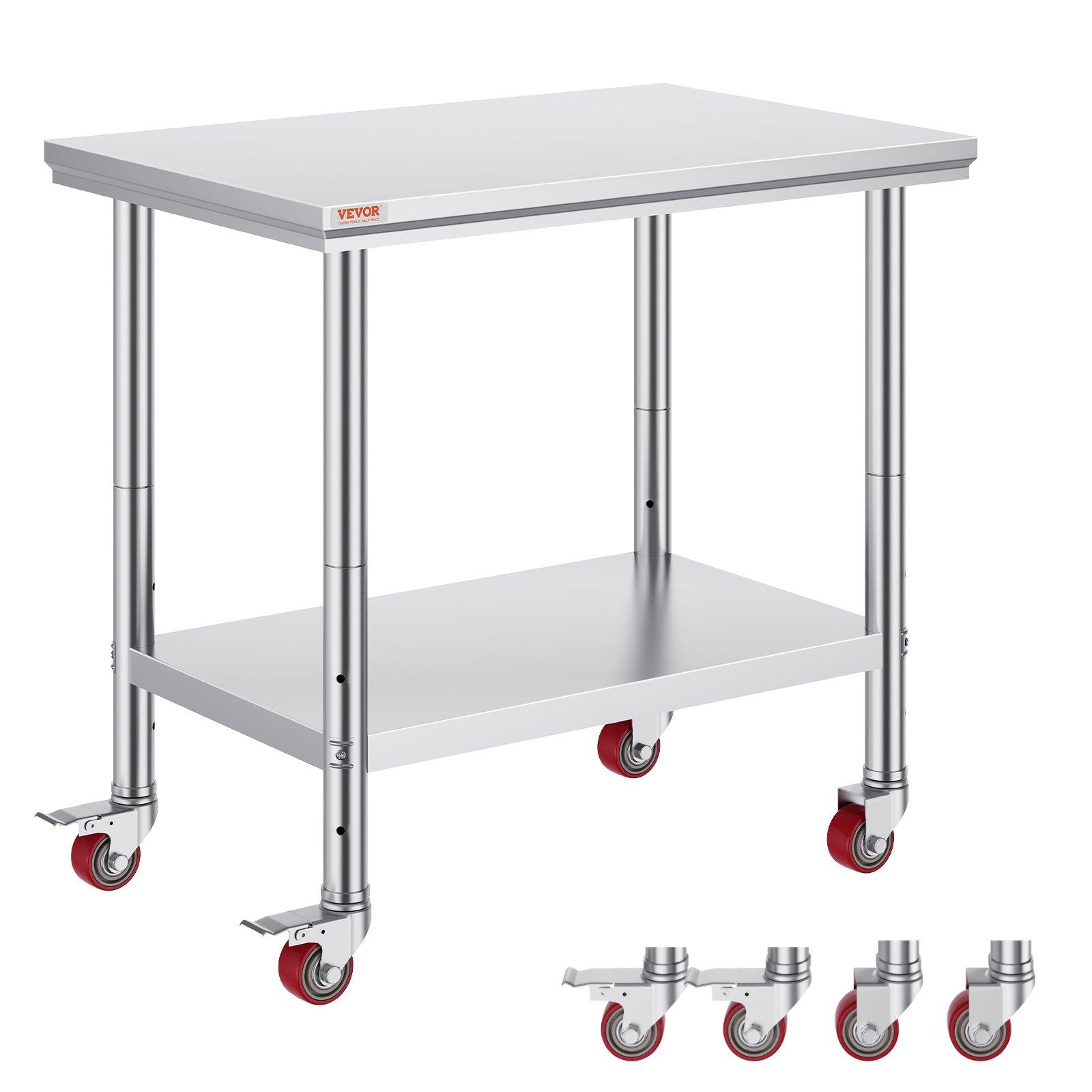 VEVOR Adjustable Wheeled Stainless Steel Work Table (36x24 in) - Heavy Duty with 4 Smooth Wheels & Shelf, Commercial Food Prep Table for Kitchen Storage, Wheeled Restaurant Furniture