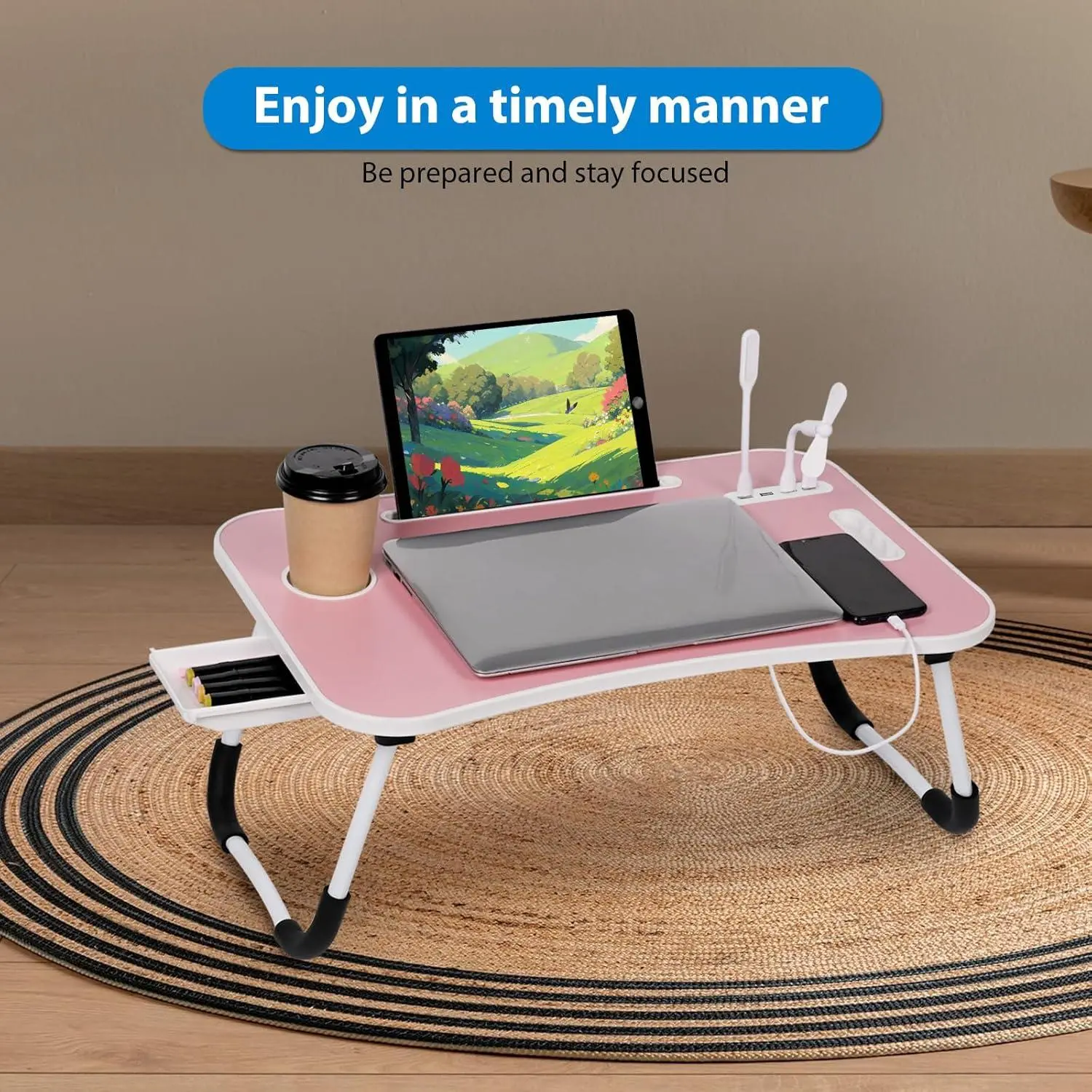 Folding Lap Desk 23.6" Multi Functional Study Furniture - Adjustable Height, 4 USB Charging Ports, Cup Holder, Drawer, Nonslip Slots, Carry Handle for Home, Office Use