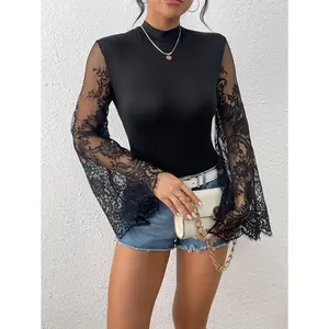 Contrast Lace Mock Neck Bodysuit, Elegant Bell Sleeve Sheer Bodysuit, Women's Clothing Fabric Fit Knit Solid