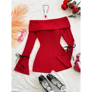 [Sexy Red Romper] Sexy Red Off-Shoulder Romper - Women's Long Sleeve Lace-Up Bow Details Jumpsuit, Stretchy Ribbed Knit, Casual Y2K Style, Machine Washable, Polyester Spandex Blend  Collar Fabric Womenswear Overalls Comfort Grey two  piece  pants  set