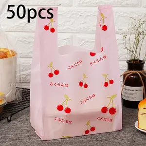 50pcs Cherry Pattern Gift Bags, Small Plastic Shopping Bags, Durable and Lightweight, Perfect for Weddings, Birthdays, Parties