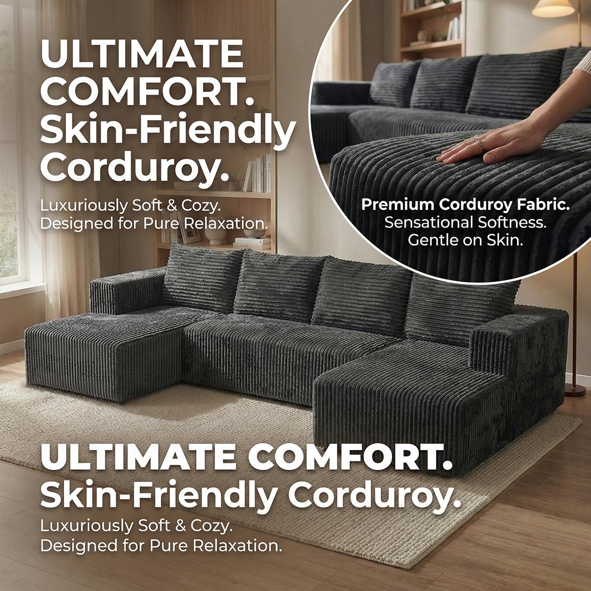 Oversized U-shaped boneless sofa with modular design for free combination, providing a deep sense of coverage and comfortable cloud corduroy fabric; Modern minimalism, no need for assembly; Suitable for living rooms, bedrooms, and other occasions