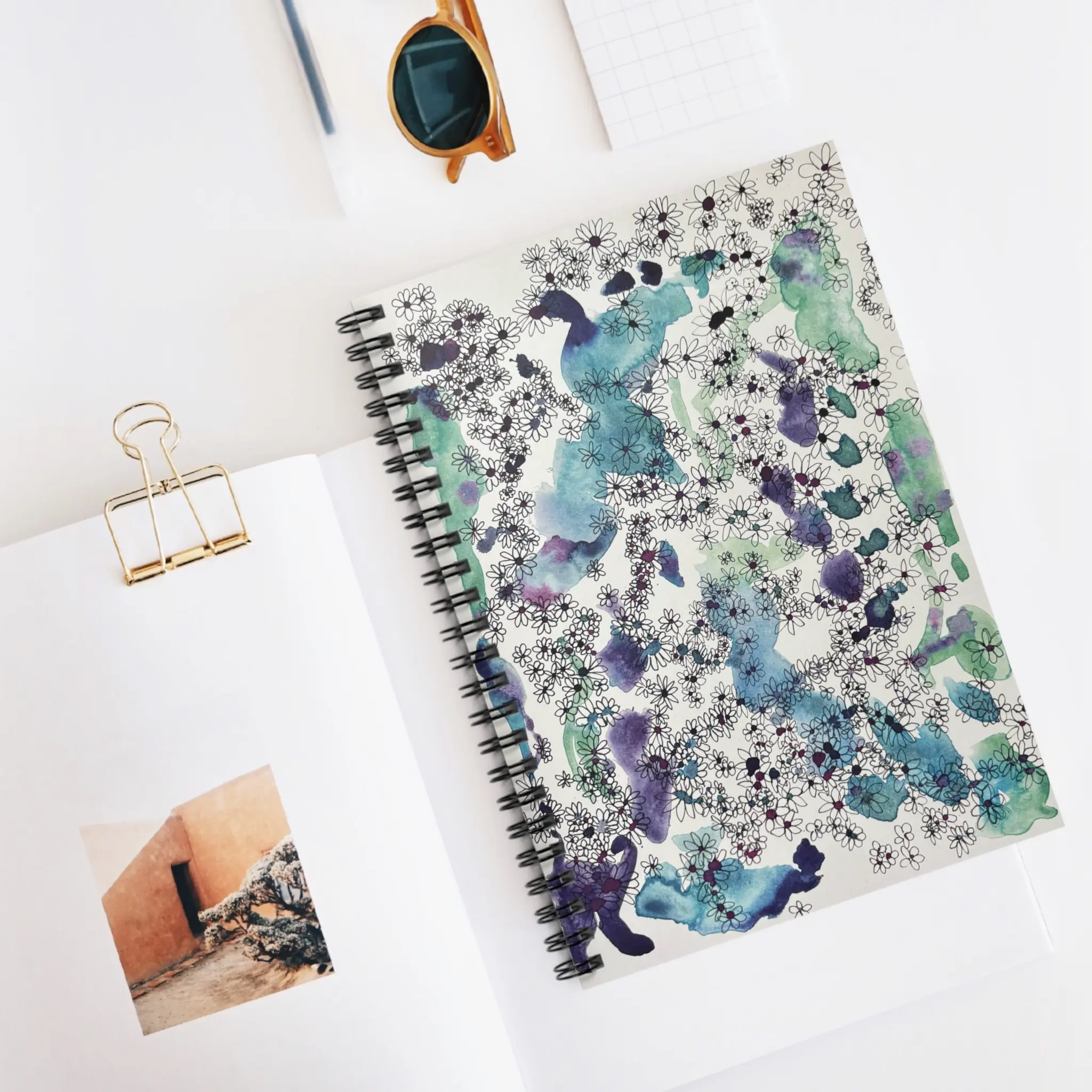 Hand-drawn Floral Spiral Notebook - Ruled Line, Purple and Blue Journal, Dotted Grid Bullet Journal, Flower Pattern Notepad, Lined Personal