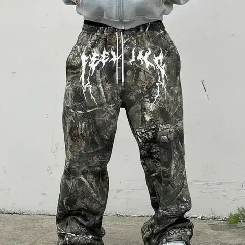 Men's Y2K Camo Pants, Vintage Branch Print, Casual Summer Loose-Fit Streetwear Trousers, All Seasons Trousers