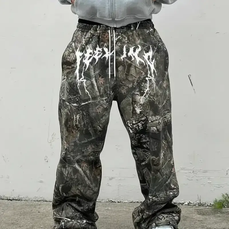 Men's Y2K Camo Pants, Vintage Branch Print, Casual Summer Loose-Fit Streetwear Trousers, All Seasons Trousers