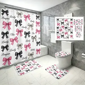 4pcs Sweet Bow Pattern Bathroom Shower Curtain Set, Chic Letter Design, The floor mat fabric is thicker and softer! Decor, Stylish Bathroom Decor for Home Hotel Apartment