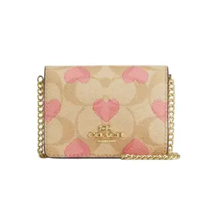 COACH Mini Wallet 10 Heart Print Classic Monogram Flap Crossbody Handbag for Women in Light Khaki and Chalk White