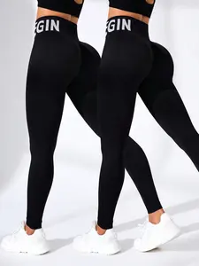 2-Pack New Yoga Pants, Breathable High-Waist Skinny Trousers, Peach Butt Tight Fit, Letter Print, Sporty Style, All Seasons, Breathable Fitness Leggings, High Waisted Legging